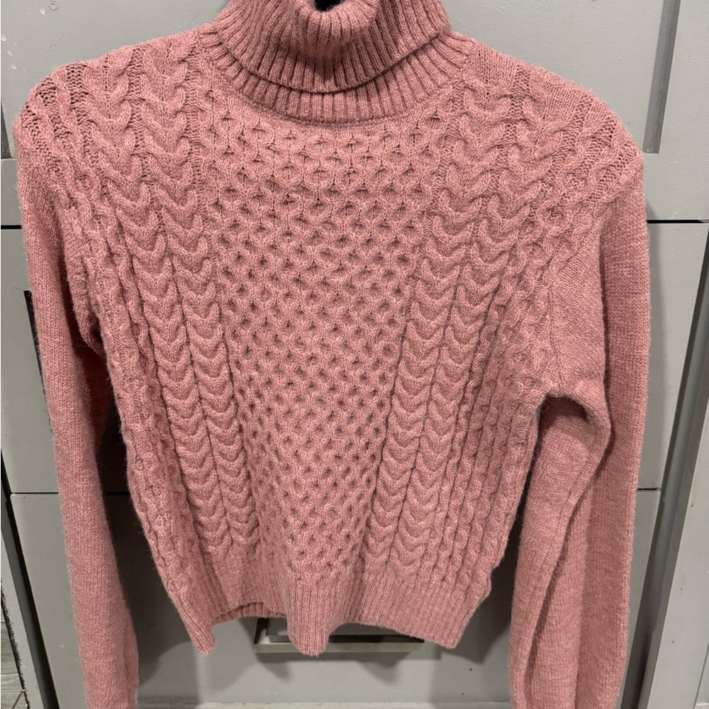 SHEIN Dusty Rose Cable Knit Turtleneck Sweater